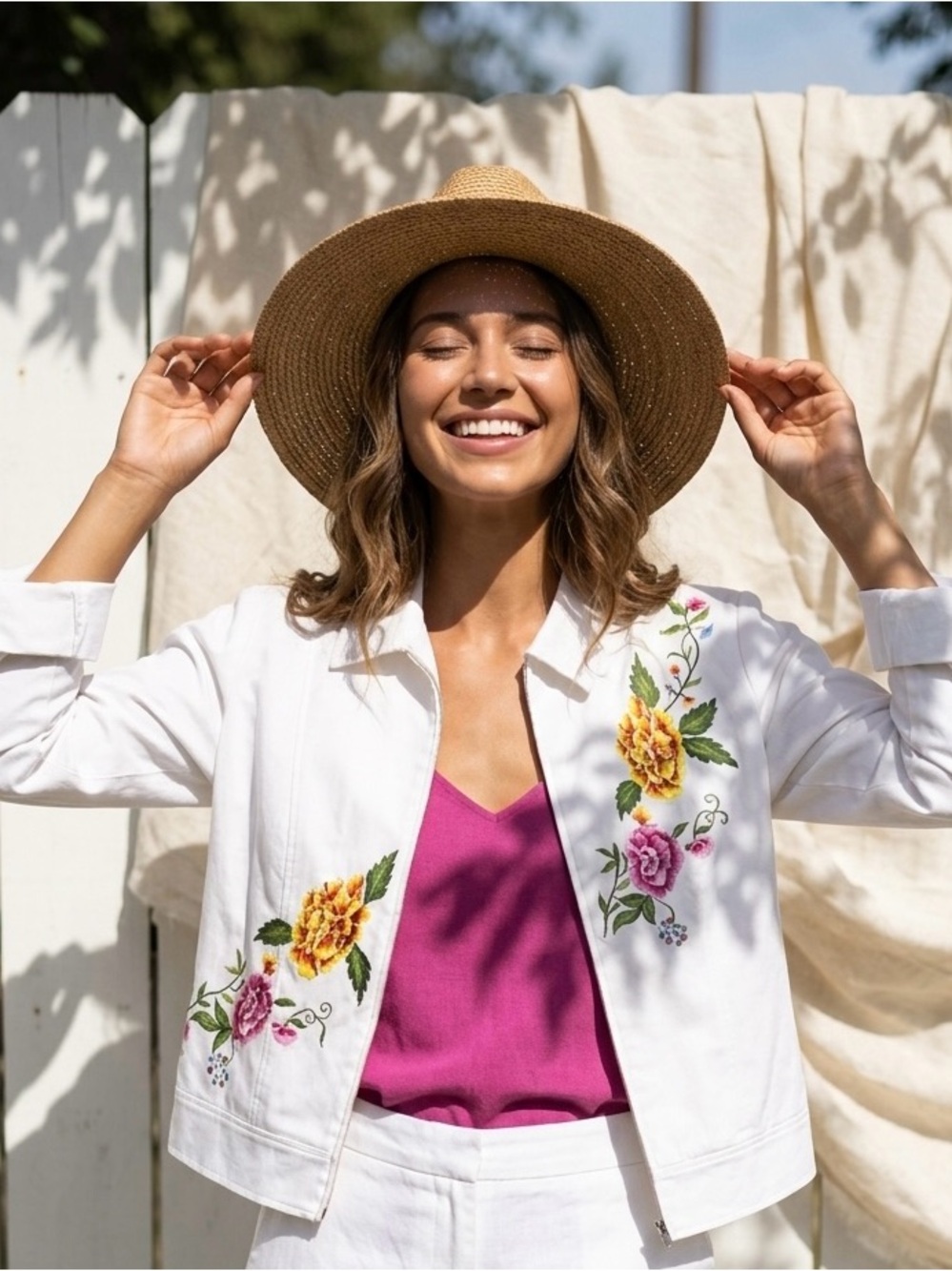 Peter Nygard Size 12 White Embroidered Jacket Size L Pink Knit Top-Sold as Set
